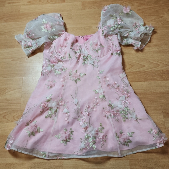 Sugar Thrillz 3D Floral Pink Green Puff Sleeve Mini Dress Size 1X Fairy Coquette - Picture 11 of 16